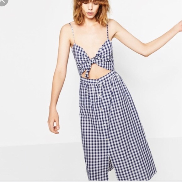 Zara gingham blue and white button down front tie midi dress - Picture 2 of 10